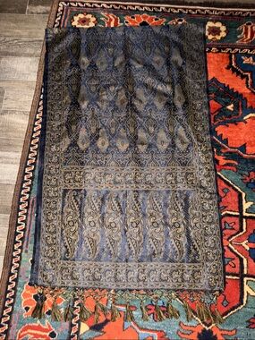 Vintage Banarasi Kani Silk Brocade Dupatta Scarf Shawl Blue Gold Zari